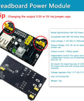 Breadboard power module detailing 3.3V or 5V output with jumpers, part of All In One Upgraded Electronics Component Kit With Power Supply 9V 1A Breadboard 830 Point Jumper Wires LED Capacitors Diodes Resistors Transistors Sensors And Raspberry Pi STM32 Compatibility