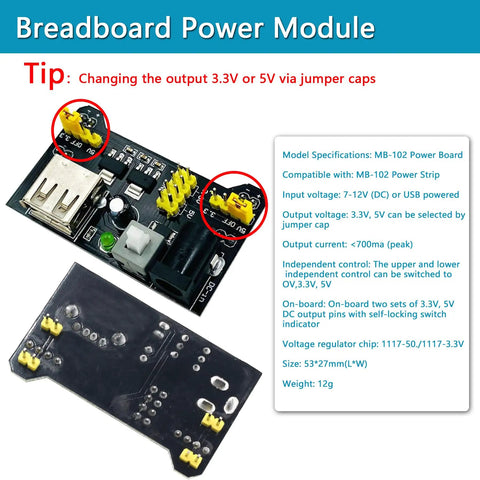 Breadboard power module detailing 3.3V or 5V output with jumpers, part of All In One Upgraded Electronics Component Kit With Power Supply 9V 1A Breadboard 830 Point Jumper Wires LED Capacitors Diodes Resistors Transistors Sensors And Raspberry Pi STM32 Compatibility