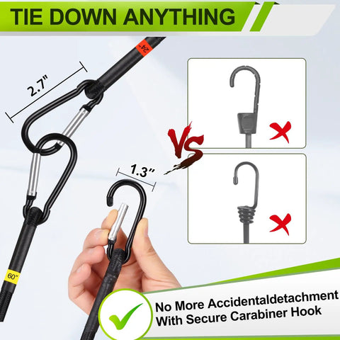 Close-up of Heavy Duty Bungee Cord Set With Hooks Go To 28 Piece Assorted Sizes highlighting secure carabiner hook against standard hooks.