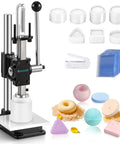 No Sweat Bath Bomb Press Machine With Seven Round Molds For Effortless Diy Soaps And Luxury Spa Fizzies Making Pro Level Crafting Kit For Home Business Hustle, featuring press, molds, and finished bath bombs.