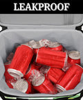 Open Green Insulated Picnic Backpack With Large Lunch Bag showing ice and red soda cans inside leakproof cooler.