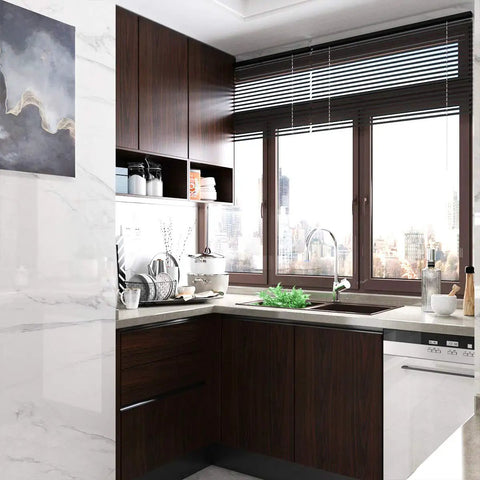 Kitchen with Walnut Wood Grain Vinyl Wallpaper Peel And Stick Dark Brown Thick Texture Adhesive Contact Paper on cabinets