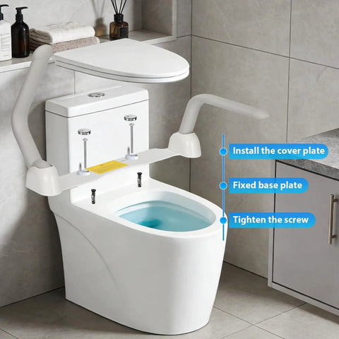 Rock Solid Toilet Safety Rails With Adjustable Grab Bars And Non Slip Bailout Handles Keep Everyone Steady While Using The Commode Space Saving Bathroom Assist Design installed on a standard toilet.