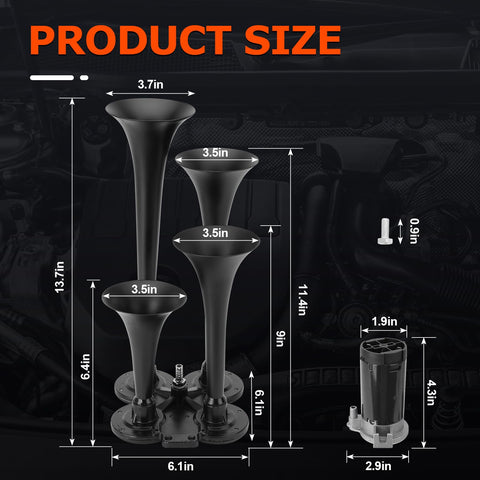 12V Train Air Horn Kit With Four Horns And Compressor 185dB Ultra Loud Vehicle Horn System showing horn and compressor sizes