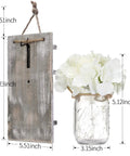 Rustic Mason Jar Wall Lights With Remote, Battery Powered Sconce, dimensions labeled, wood backing, black hook, LED fairy lights