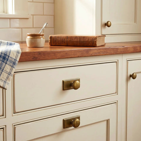 Close-up of kitchen cabinet with Antique Brass Cabinet Knobs With Backplate Escutcheon on cream drawers and wood countertop