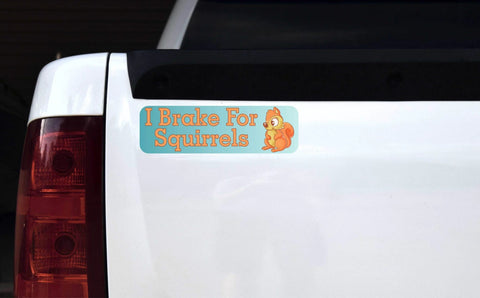 I Brake for Squirrels magnet sticker on white vehicle; turquoise background with orange text and a cartoon squirrel