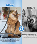 Before and after using Super Durable PET Braided Wire Loom Expandable Cable Sleeve 300 Feet In One Quarter One Half And Three Eighths Inch For TV Computer And Home Theater Cable Management showing cat interaction.