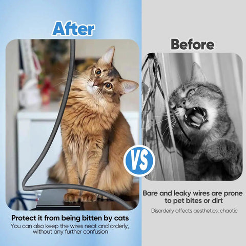 Before and after using Super Durable PET Braided Wire Loom Expandable Cable Sleeve 300 Feet In One Quarter One Half And Three Eighths Inch For TV Computer And Home Theater Cable Management showing cat interaction.