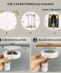Cordless Battery Operated Spotlight With Remote And Button Control installation guide showing battery compartment and mounting options.