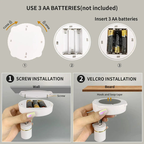 Cordless Battery Operated Spotlight With Remote And Button Control installation guide showing battery compartment and mounting options.