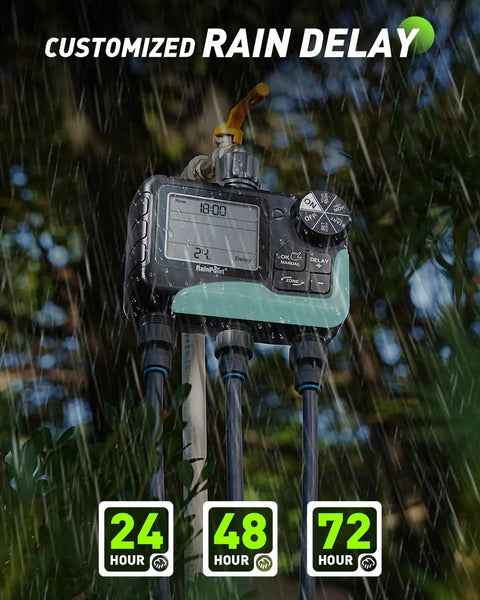 Rain-drenched Three Zone Sprinkler Timer For Lawn And Garden With No Fuss Programmable Watering Modes Auto Manual Rain Delay IP65 Waterproof.