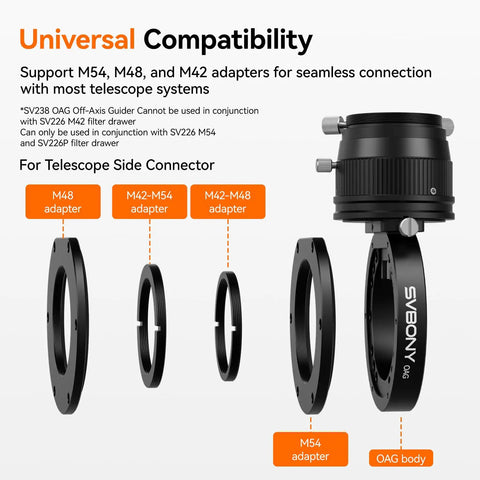 Go-To Off-Axis Guider OAG For Astrophotography With CNC Machined Body shown with M54 and M48 adapters, prism, and connectors