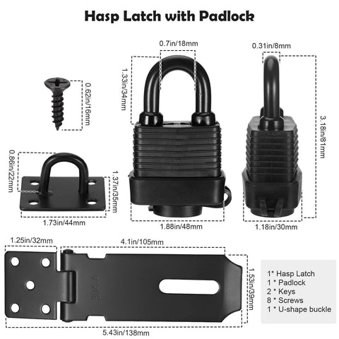 Diagram showing 4 Inch Stainless Steel Hasp Latch with Padlock, Keys, and Screws, highlighting dimensions for barn doors and gates.