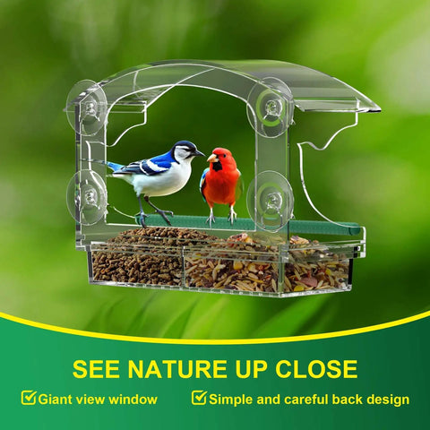 Clear Acrylic Window Bird Feeder With 4 Strong Suction Cups And Detachable Seed Tray Highly Transparent Outdoor Viewing Birdfeeder With Birds