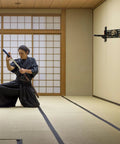 One Tier Katana Wall Mount Sword Holder Dope Display Rack with felt strips and solid wood, displayed in a traditional room.