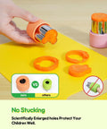 Melican Kids Kitchen Knife Set, 11-piece Montessori tools with orange handles and cookie cutters on a yellow mat