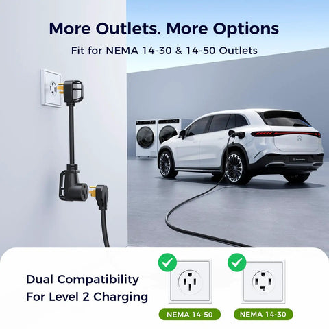 Carbon Fiber Level 2 EV Charger With 24A Adjustable Current connected to car in garage with NEMA outlets