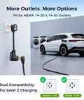 Level 2 EV Charging Station For Home With Adjustable 24 Amp Juice, 25 FT Braided Cable, NEMA 14-30 And 14-50 Plugs, Universal J1772 Head For Smooth Plug And Play Fast Charging, showing dual compatibility with outlets.