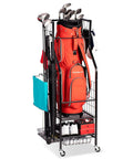 Three Tier Golf Bag Storage Rack For Garage Keeps One Bag Plus Extra Clubs Shoes Balls Towels And Accessories Pro Style Gear Organizer with red bag and accessories