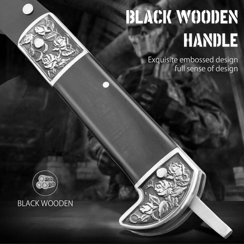 Close-up of black wooden handle with embossed design, part of Two Section Folding Sickle With Stainless Steel Blade Black Wood Handle