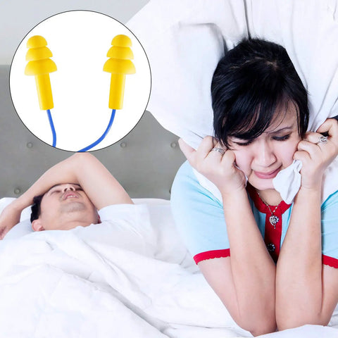 Corded Silicone Ear Plugs 25 Pairs Reusable Waterproof Hearing Protection For Sleeping Snoring Swimming Shooting Noise Canceling Soft Comfy Colorful Multi Pack shown with a woman blocking noise