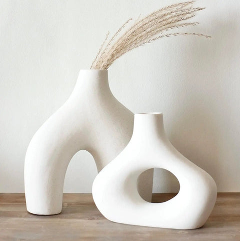 Donut Vase Set Of 2 White Ceramic Vases Large Nordic Minimalist Hollow Centerpieces For Living Room Table Office Wedding Decor