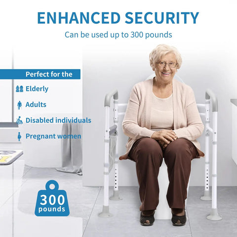 Heavy Duty Toilet Safety Rails Built Tough Grab Bar For Seniors With Super Sturdy Bathroom Assist Handle Support Frame Easy Wall Mount Anti Slip Pads Supports Up To 350 Lb Capacity with a seated elderly woman.