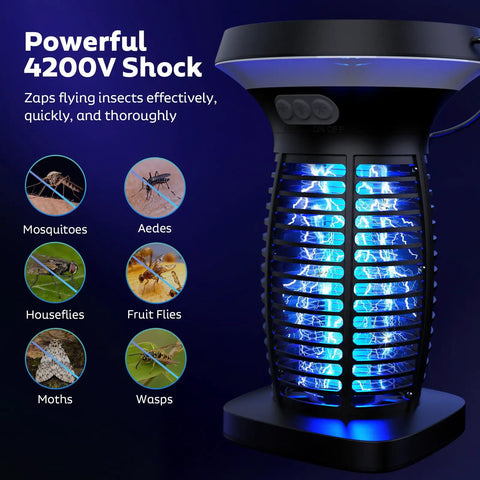 Solar Powered Bug Zapper Outdoor All Weather Waterproof Mosquito Fly Trap 4200V Electric Grid with glowing LED light
