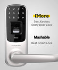 Close-up of 5 In 1 Smart Lock With Fingerprint, Code, Knock To Open, Mechanical Key, And Smartphone App Control in satin nickel