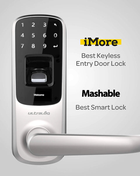 Close-up of 5 In 1 Smart Lock With Fingerprint, Code, Knock To Open, Mechanical Key, And Smartphone App Control in satin nickel