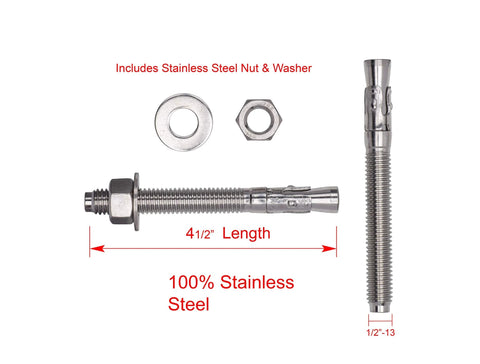 Wedge anchor bolt 1/2 in x 4-1/2 in; 5-piece stainless steel set with nuts and washers