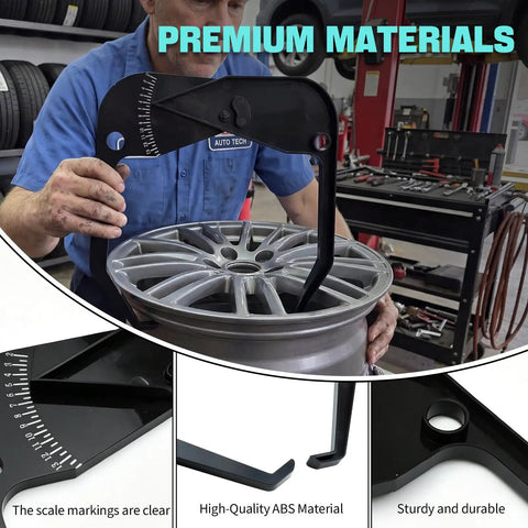 No Sweat Rim Width Caliper Tool For Cars Quick Fitment Gauge being used to measure a wheel with clear scale markings.