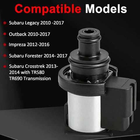 Torque Converter Lock-Up Solenoid 3.2 to 3.7 Ohm Replacement for Subaru CVT Transmissions Plug-and-Play Crosstrek Forester Legacy Outback Impreza 31825AA050 31706AA030 Black shown with compatible Subaru models
