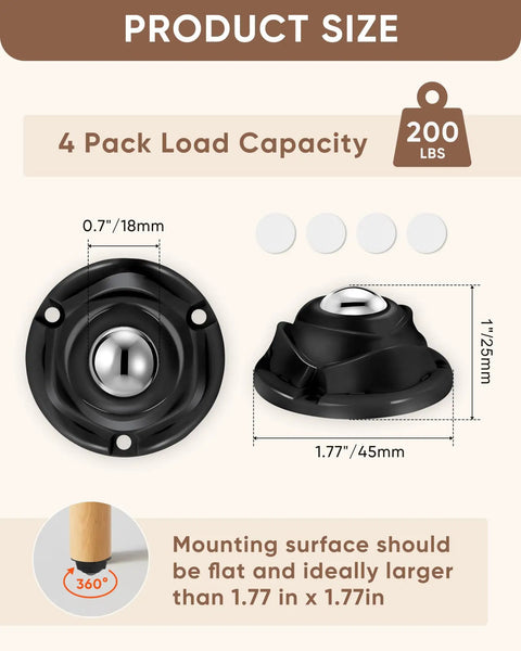Sixteen Pack Self Adhesive Caster Wheels Featuring One Inch Low Profile Mini Swivel Build For No Sweat Installation And Slick Gliding On Hardwood Or Tile Helping You Ease Furniture Loads Up To Sixty Six Pounds In Matte Black, 360-degree swivel details and size specifications.