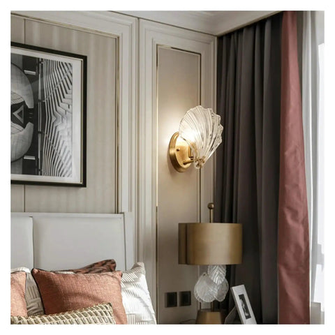 Crystal Wall Lights Living Room Bedroom Lamp Sconces Lighting - Shell Copper Light Fixture Corridor Decoration T-155 on a wall in a stylish room.