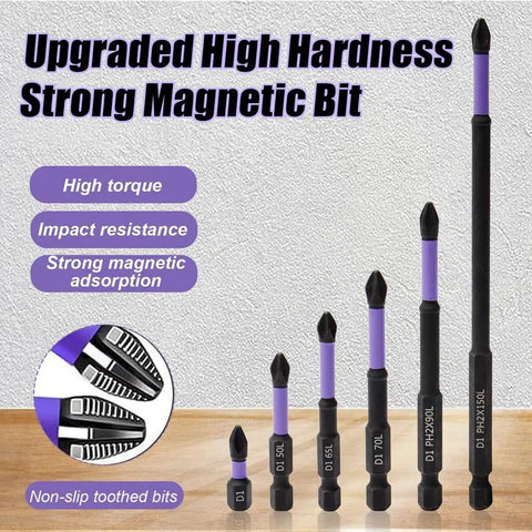Heavy Duty Magnetic Screwdriver Bit Kit With 12 Pcs Super Tough D1 Alloy Steel Impact Resistant Bits For High Stressed Jobs And Non-Slip Toothed Grip That Handles Any Messy Project Like A Champ. Set of six magnetic D1 alloy steel bits in assorted lengths on wood surface