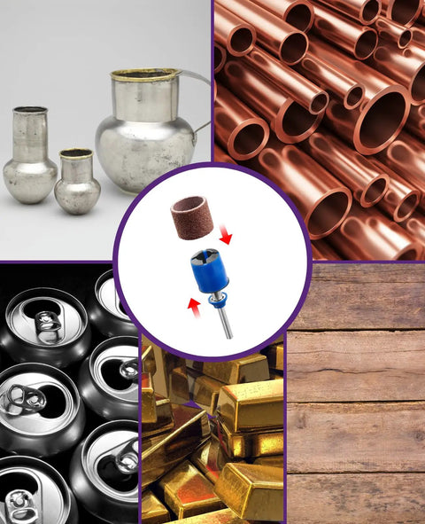 EZ SpeedClic Sanding Bands And Mandrel Set with various metal and wood textures, featuring 13mm sanding bands, grit 60 and 120.