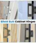 Bifold Butt Cabinet Hinges shown in four variations with screws, ideal for furniture and cabinet doors, sturdy design.