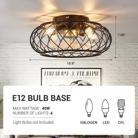 Bladeless 17 Inch Black Ceiling Fan With Remote And Light, shown with wire cage design, E12 bulb base details visible.