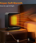 Ultra Compact 500W Desk Space Heater With Quiet Electric Heating And PTC Ceramic Core emitting warm light next to a bed.