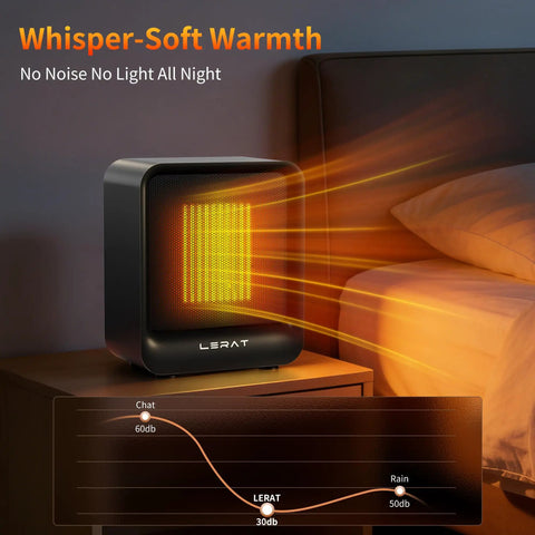 Ultra Compact 500W Desk Space Heater With Quiet Electric Heating And PTC Ceramic Core emitting warm light next to a bed.