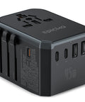 GaN 45W Universal Travel Adapter With PD and QC Fast Charging, showing ports and plug types, compact black design
