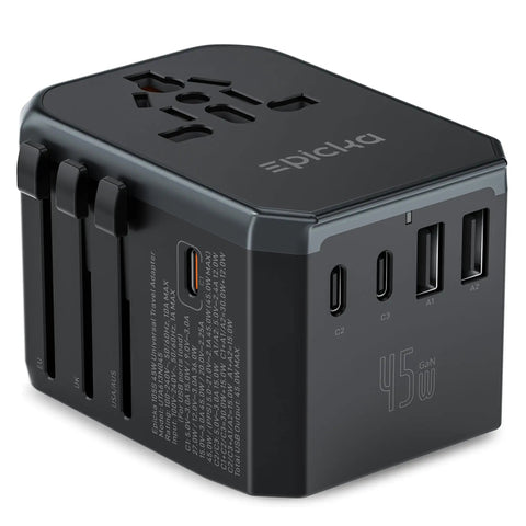 GaN 45W Universal Travel Adapter With PD and QC Fast Charging, showing ports and plug types, compact black design