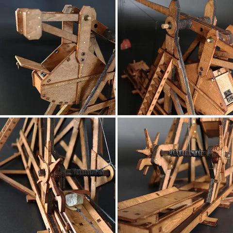 Mini Counterweight Trebuchet Model Kit for Adults, 3D Wooden Puzzle Siege Engine, DIY STEM Project, Tabletop Toy, Alder Veneer Plywood Build, Ages 14 Plus, Totally Fun Historical Replica, side view