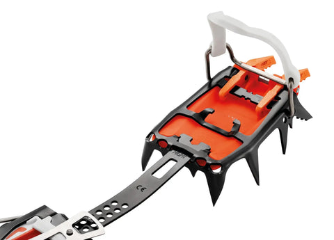 Close-up of Lynx Crampons For Technical Ice Climbing And Mixed Mountaineering showing modular design and adjustable points.