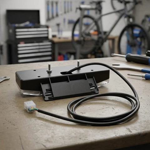 Upgrade Your Ride With This Sweet All-In-One E-Bike LED Taillight That Rocks 36V And 48V Systems While Serving As A Super Bright Brake Light, Turn Signal, And Tail Light For Maximum Night Visibility So You Stay Safe In Heavy Traffic. black ABS e-bike LED taillight with cable and mounting studs on workbench