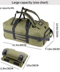 Amazon 80L rolling duffel bag and folded bag in olive green; wheels and adjustable handle.