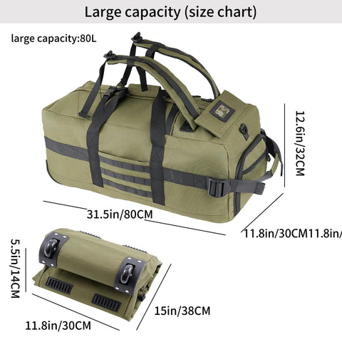 Amazon 80L rolling duffel bag and folded bag in olive green; wheels and adjustable handle.