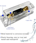 Heavy Duty ANL Fuse Holder With 50 Amp Inline Fuse Block For Car Audio Amplifier showing transparent plastic housing and gold-plated contacts.